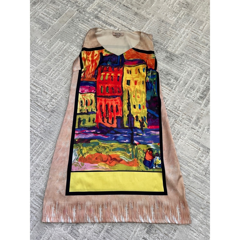 Sweet Miss Women's Dress Sleeveless Art‎ to Wear Fringe Hem Colorful Small